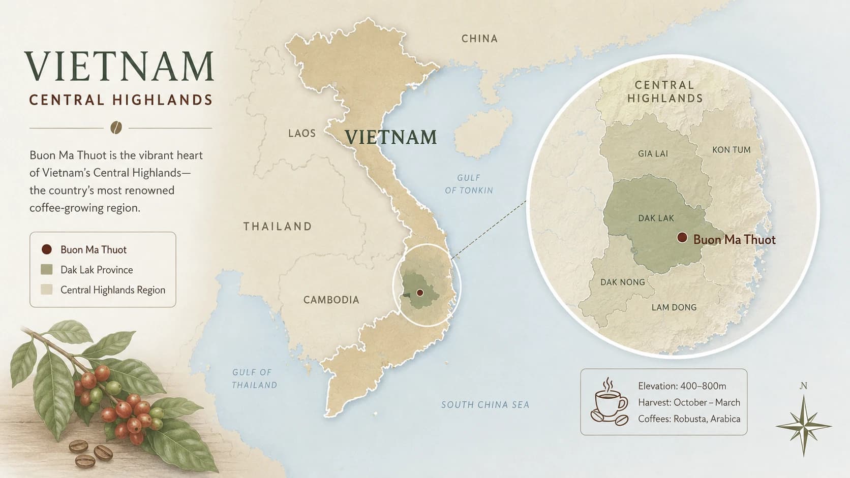 Buon Ma Thuot coffee region map within Vietnam