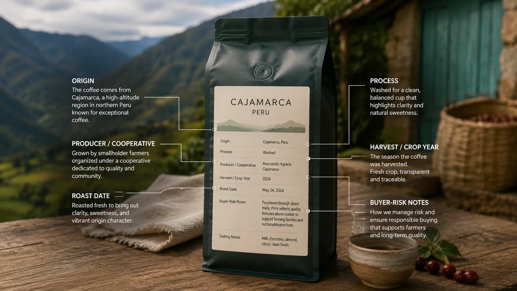 Cajamarca coffee label checklist showing origin, process and freshness checks