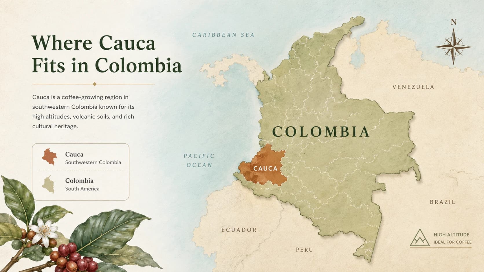 Locator map for Cauca coffee within Colombia