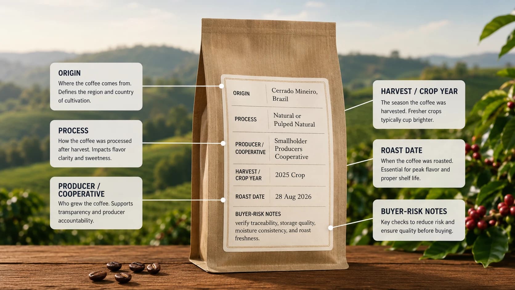 Coffee bag label checklist showing what to check before buying Cerrado Mineiro coffee