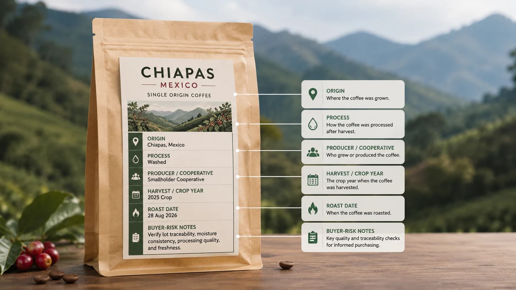 Chiapas coffee label checklist showing origin, process and freshness checks