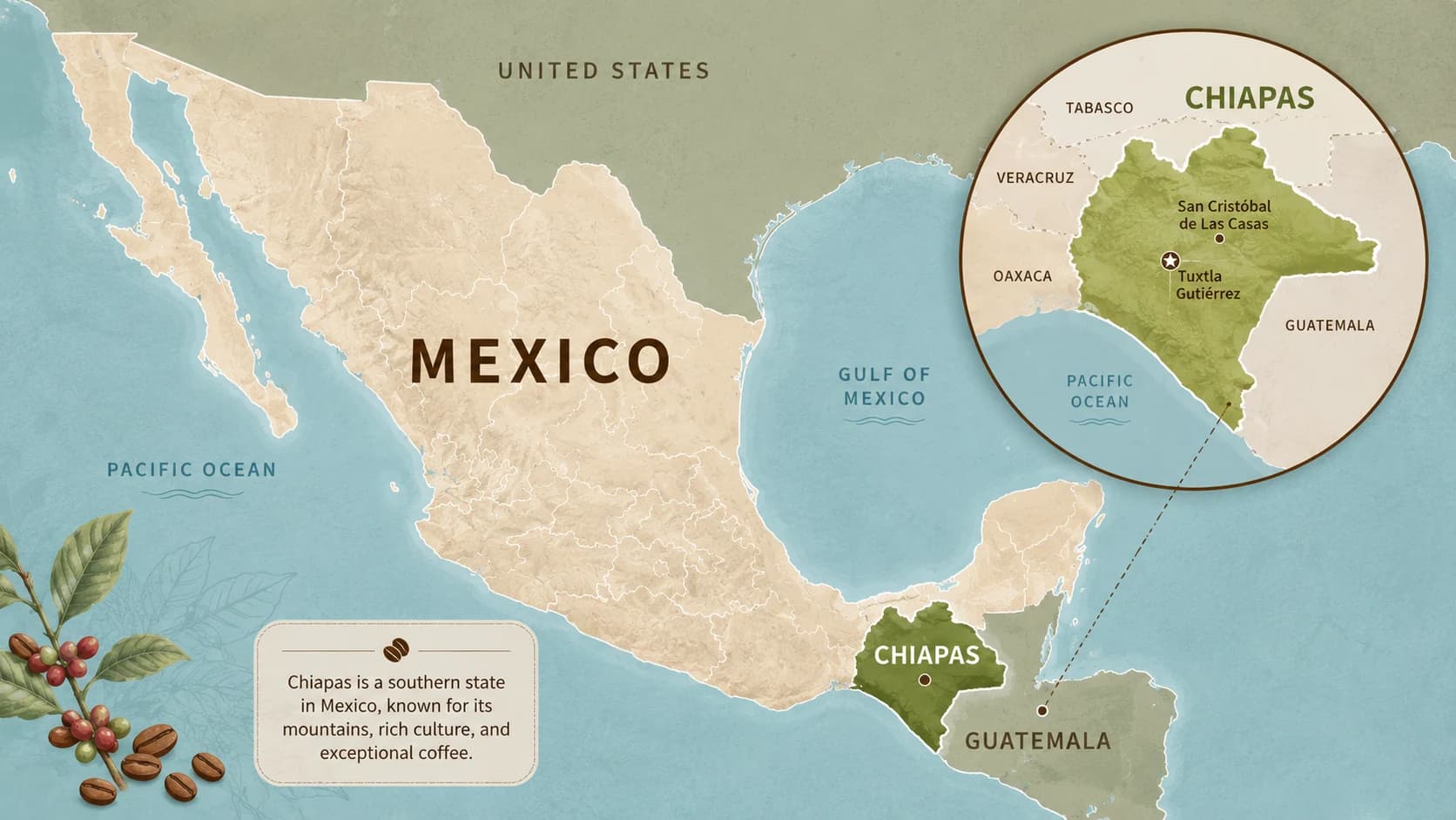 Chiapas coffee region map within Mexico
