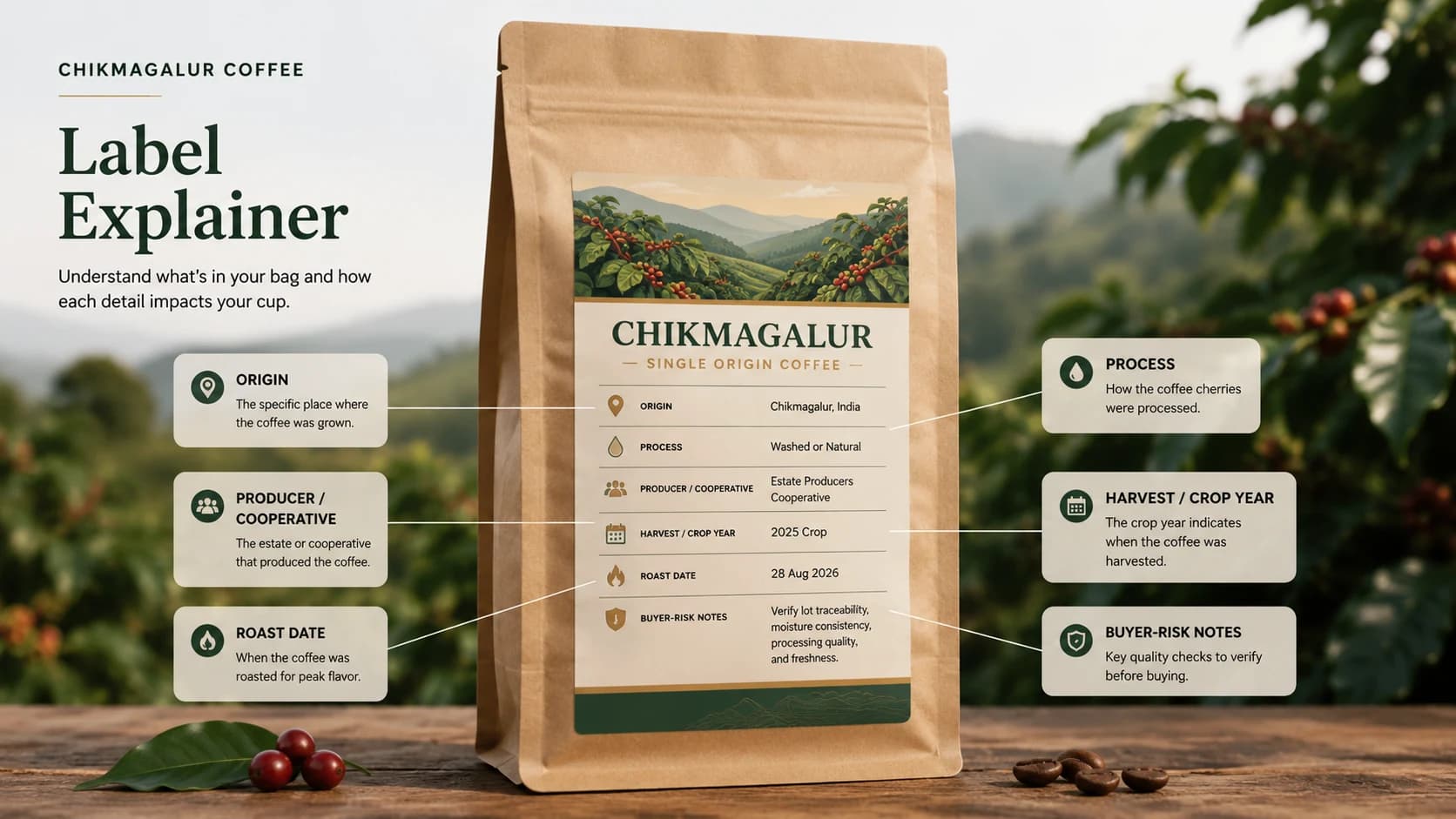 Chikmagalur coffee label checklist showing origin, process and freshness checks