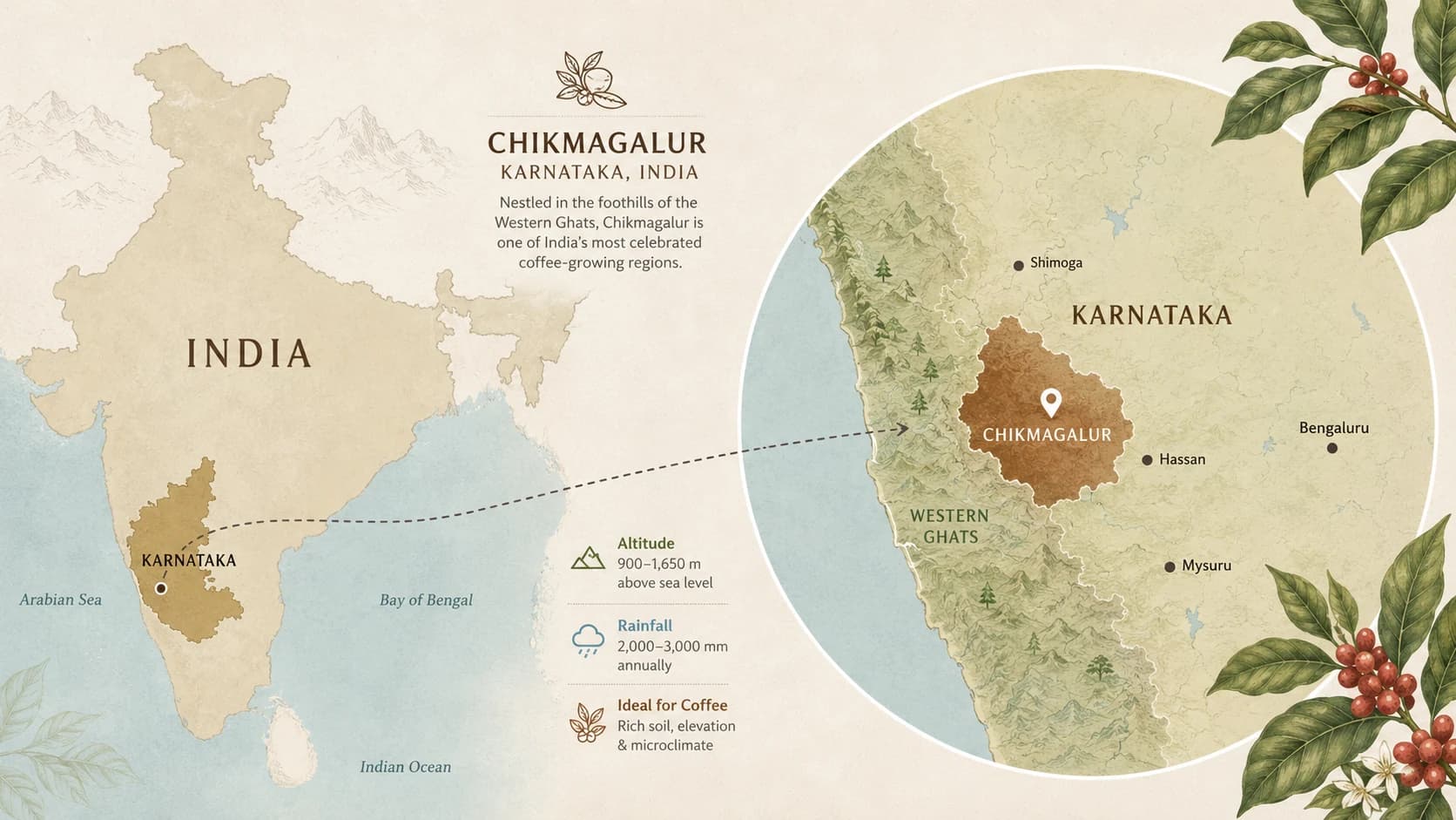 Chikmagalur coffee region map within India