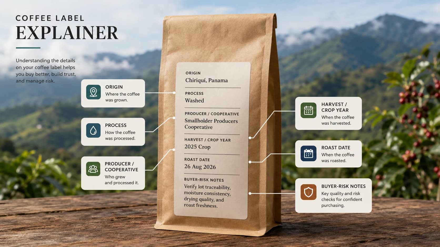 Coffee bag label checklist showing what to check before buying Chiriquí coffee
