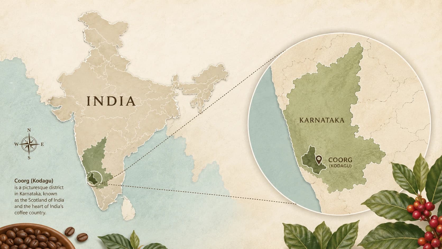 Coorg coffee region map within India