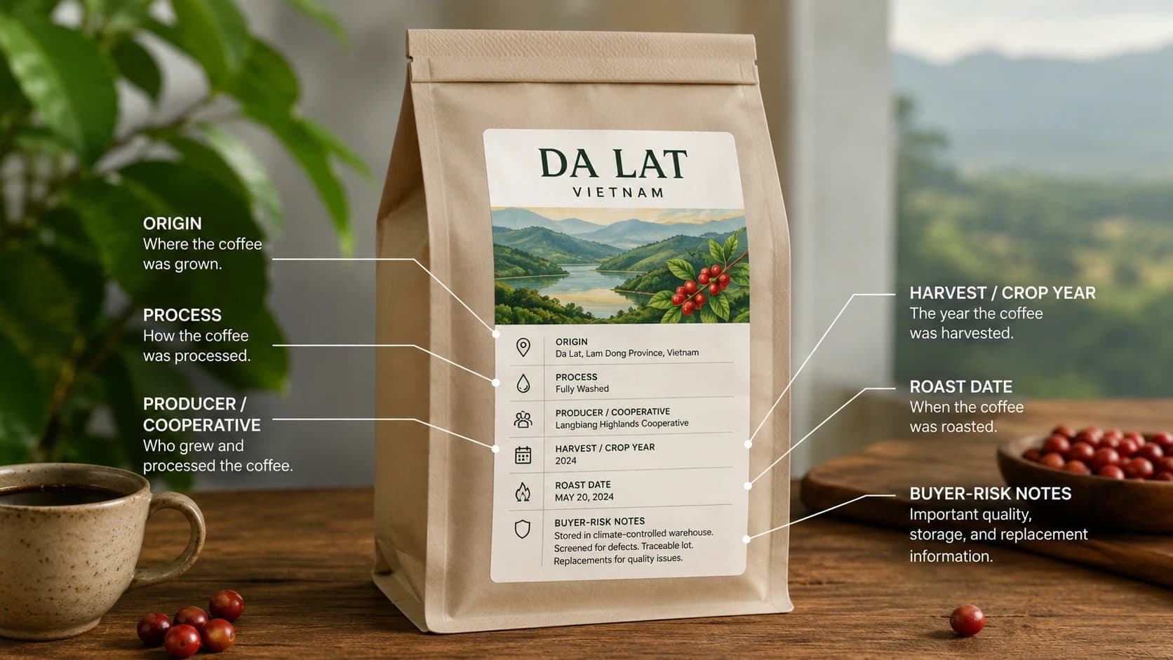 Da Lat coffee label checklist showing origin, process and freshness checks
