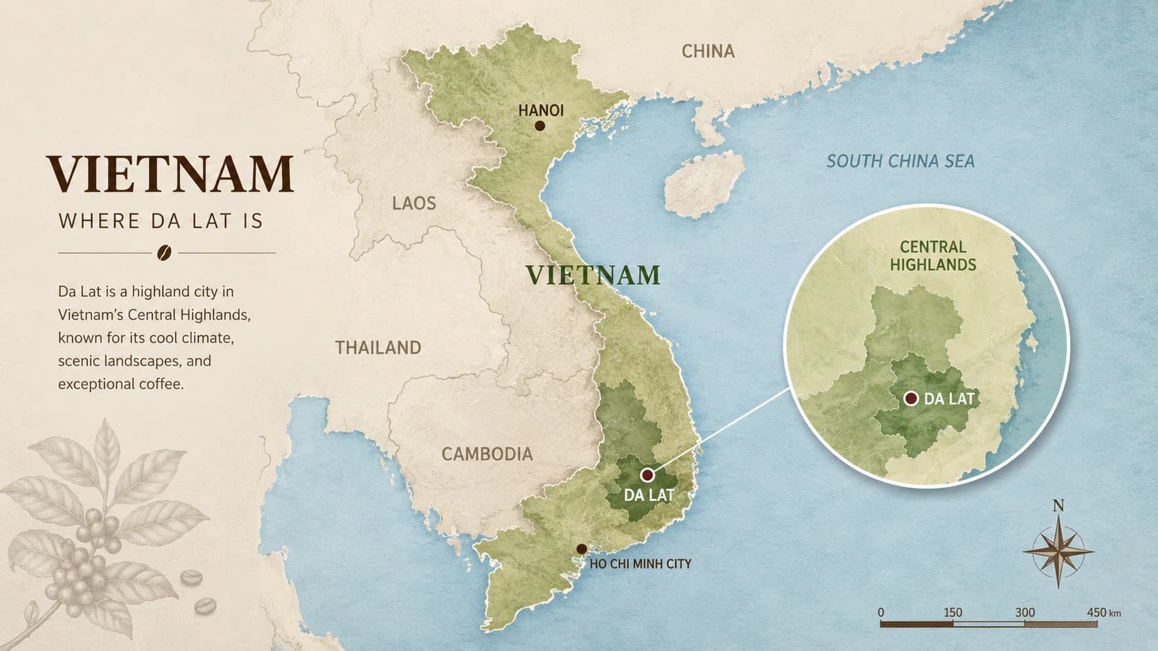 Da Lat coffee region map within Vietnam
