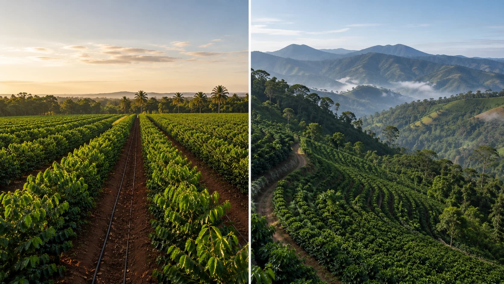Editorial comparison of lower-elevation Conilon fields and mountain Arabica farms in Espírito Santo