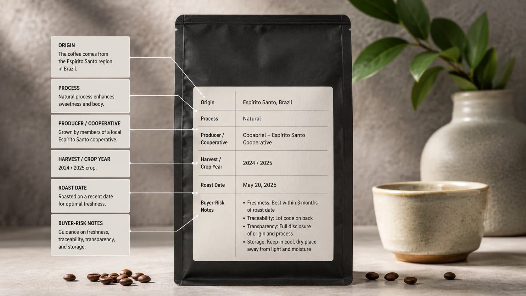 Coffee bag label checklist showing what to check before buying Espírito Santo coffee