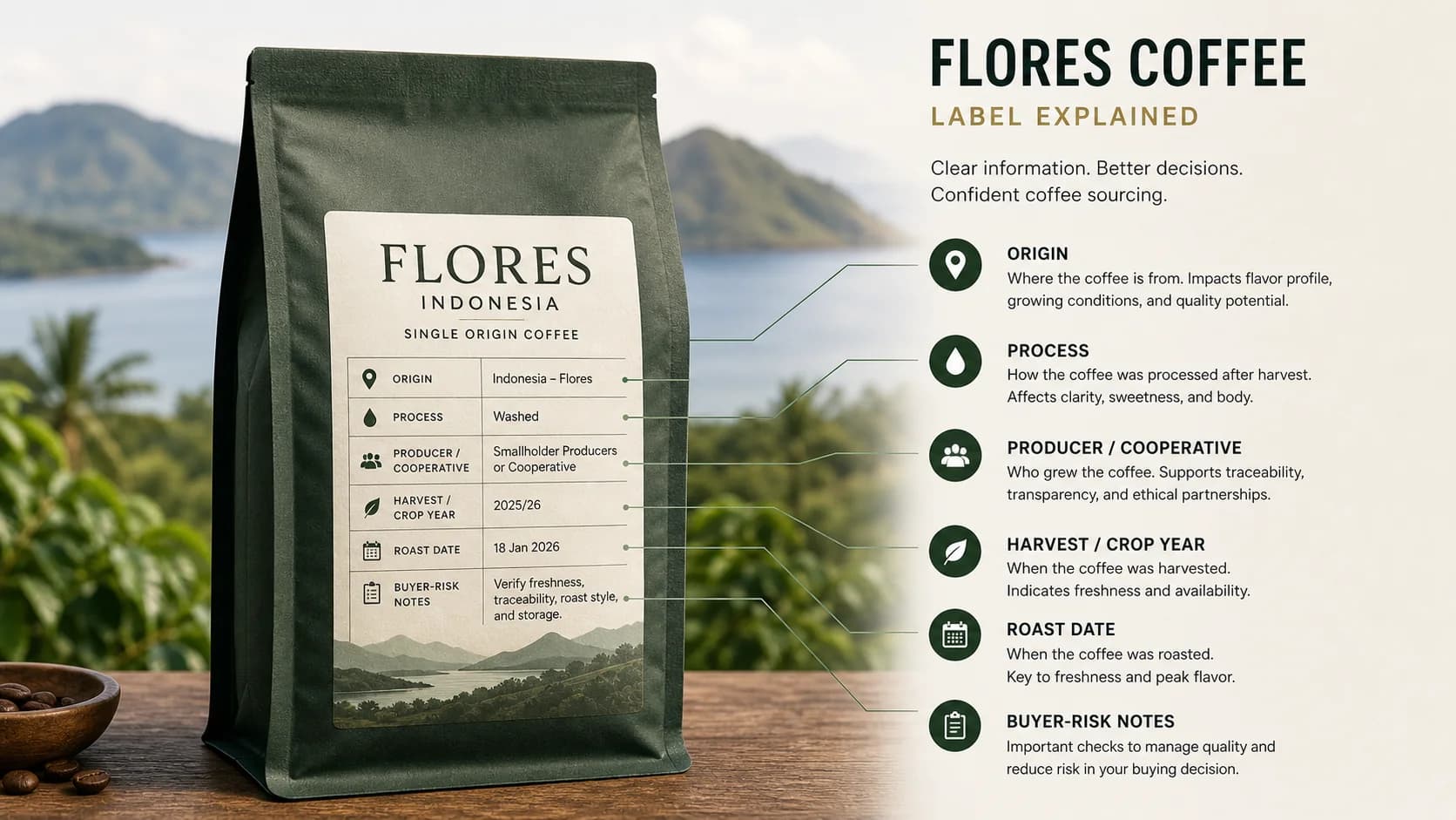 Coffee bag label checklist showing what to check before buying Flores coffee