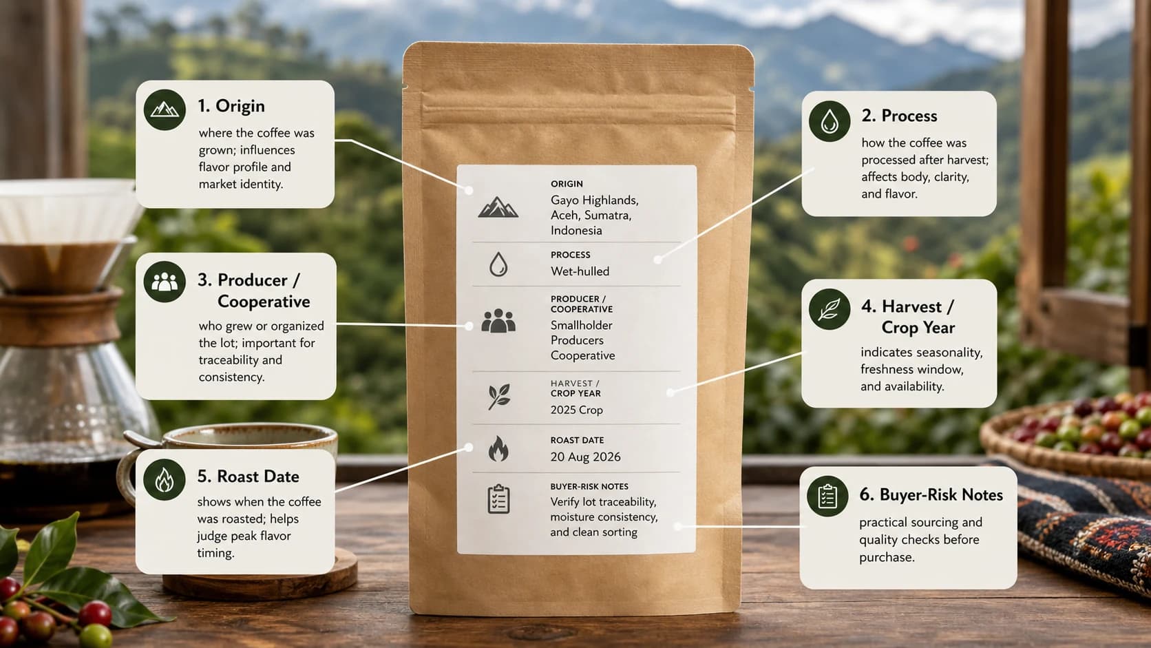 Gayo coffee label checklist showing origin, process and freshness checks