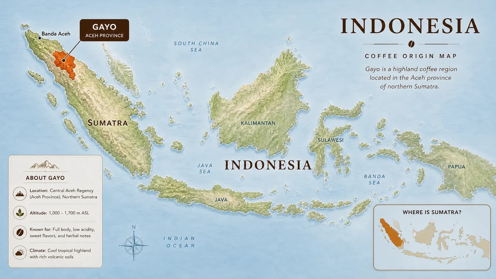 Gayo coffee region map within Indonesia