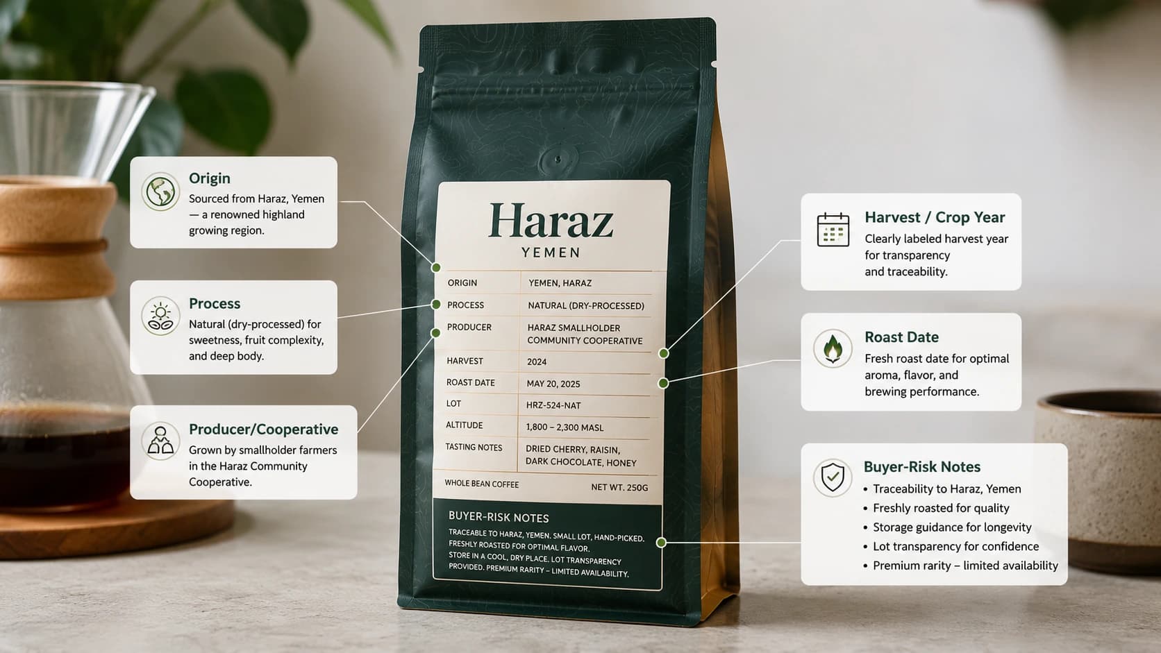 Haraz coffee label checklist showing origin, process and freshness checks