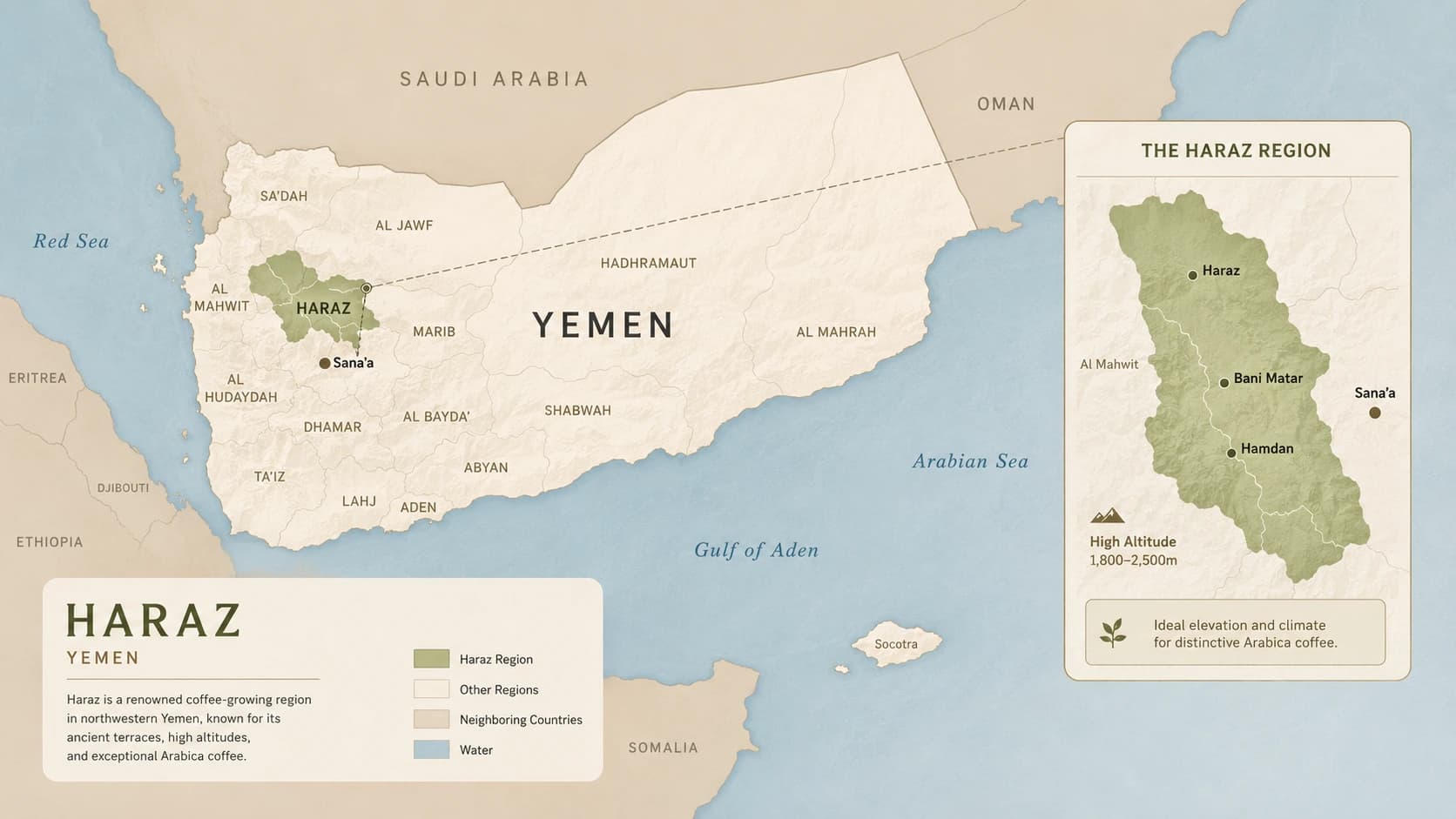 Haraz coffee region map within Yemen
