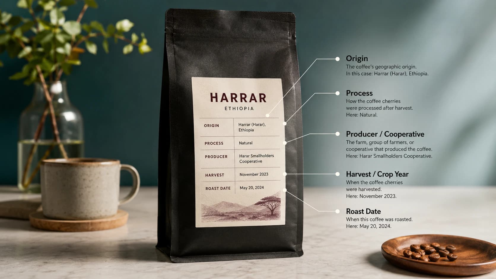 Harrar coffee label checklist showing origin, process and freshness checks