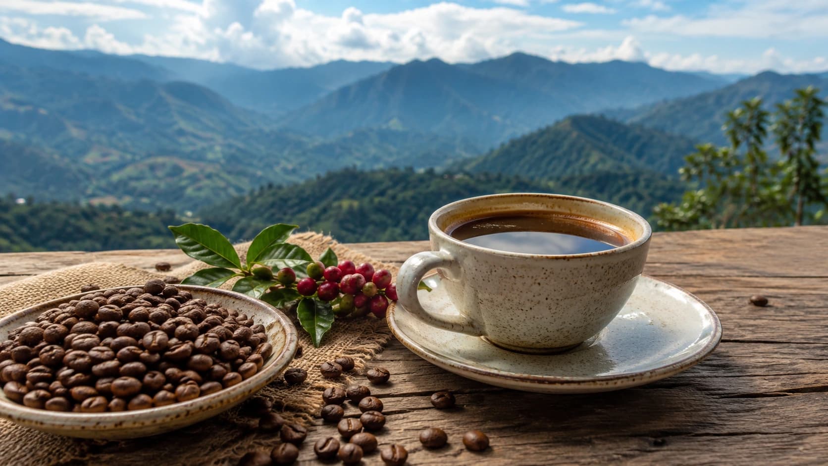 Coffee cup, roasted beans and coffee cherries against a mountain landscape