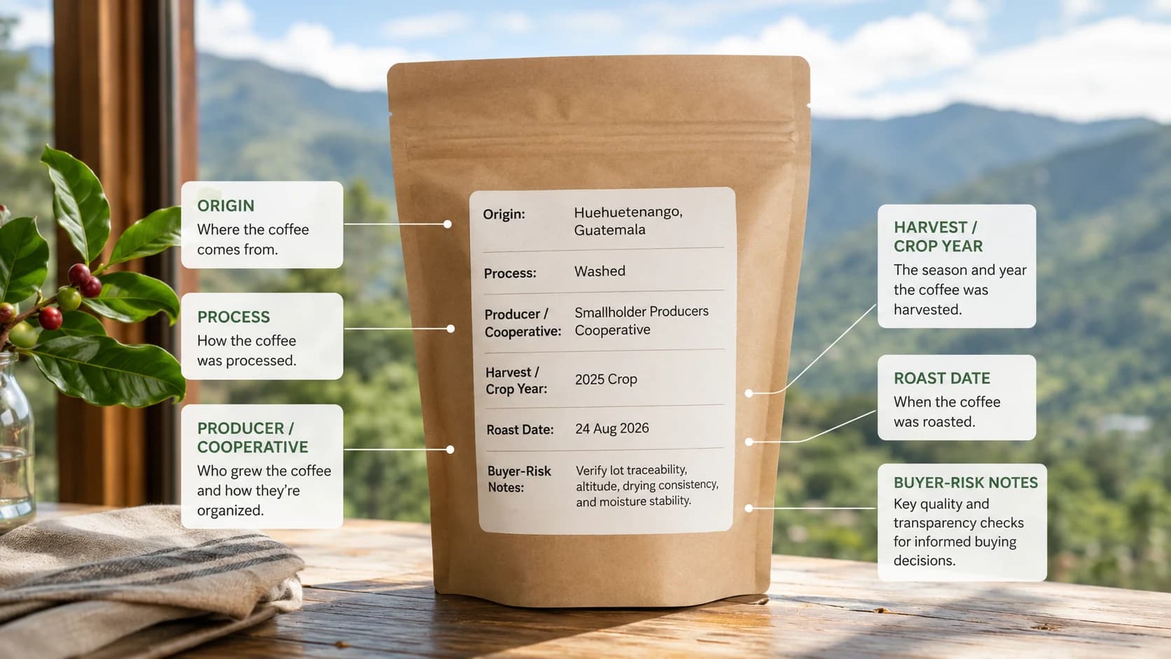 Coffee bag label checklist showing what to check before buying Huehuetenango coffee