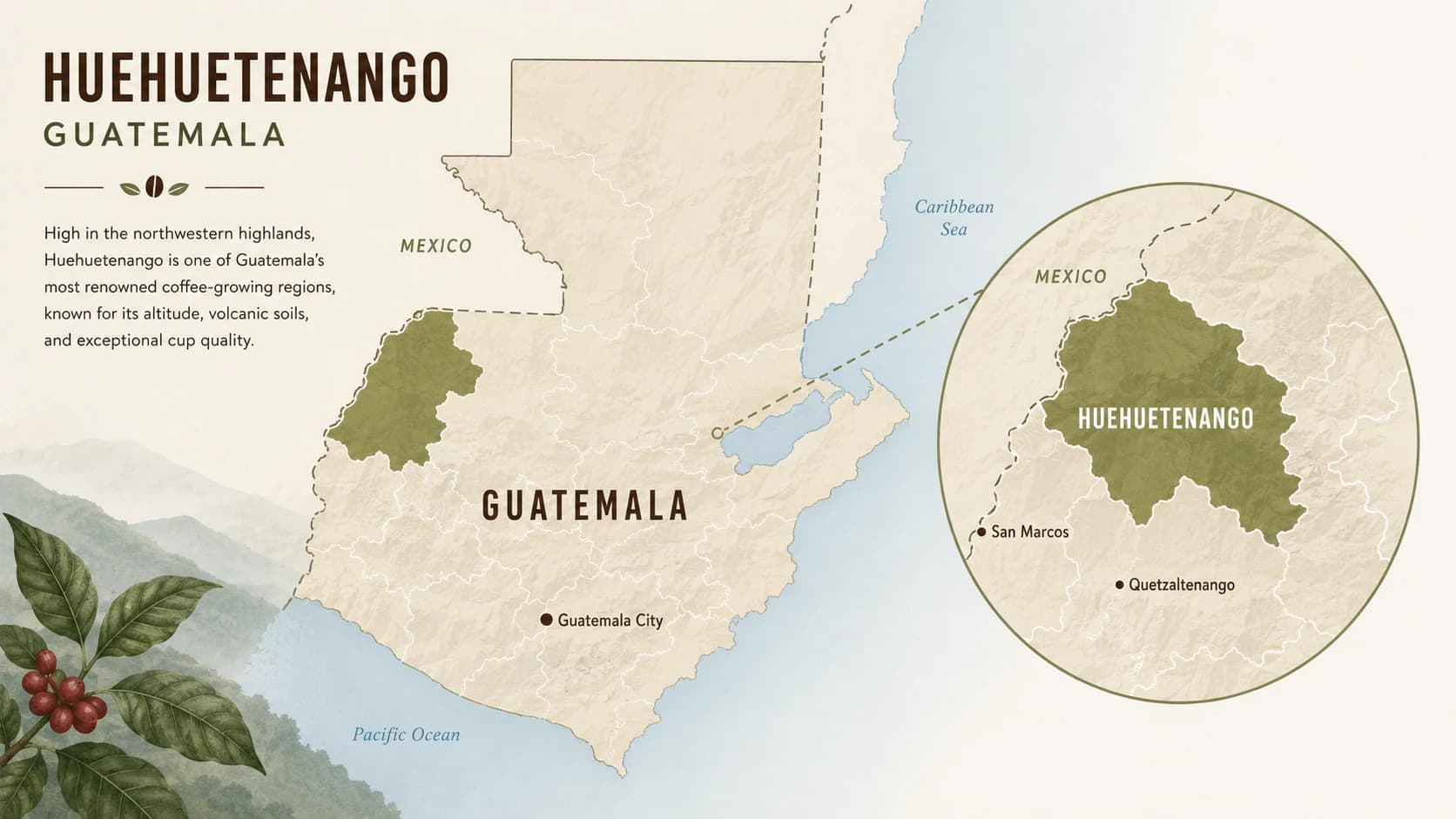 Locator map for Huehuetenango coffee within Guatemala