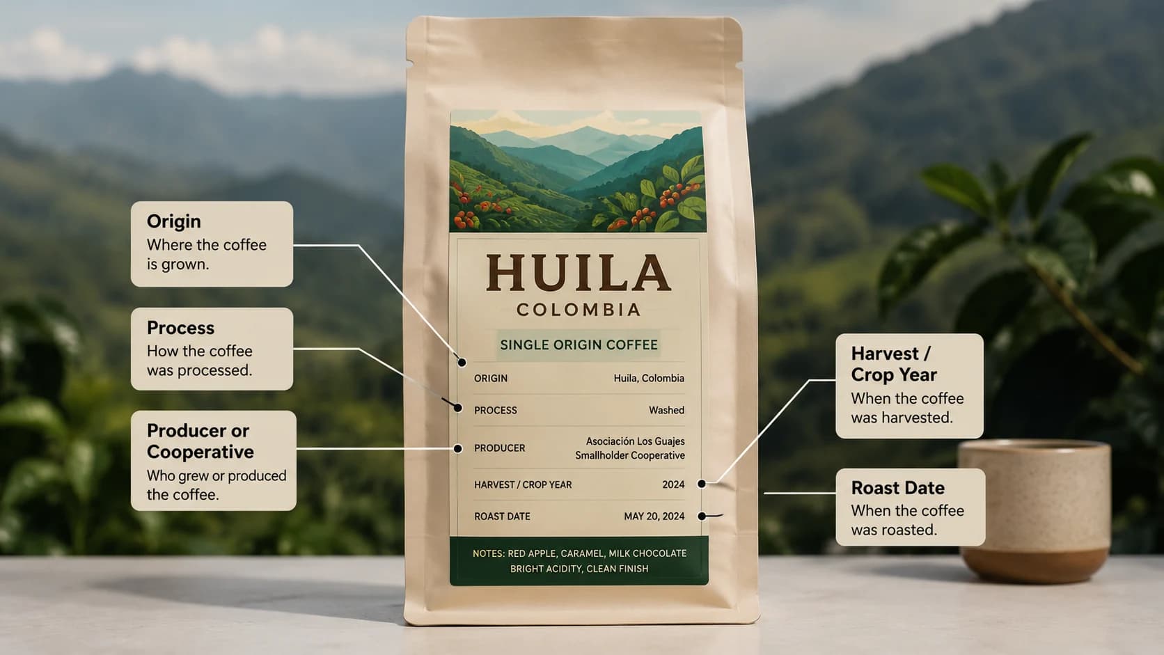 Huila coffee label checklist showing origin, process and freshness checks