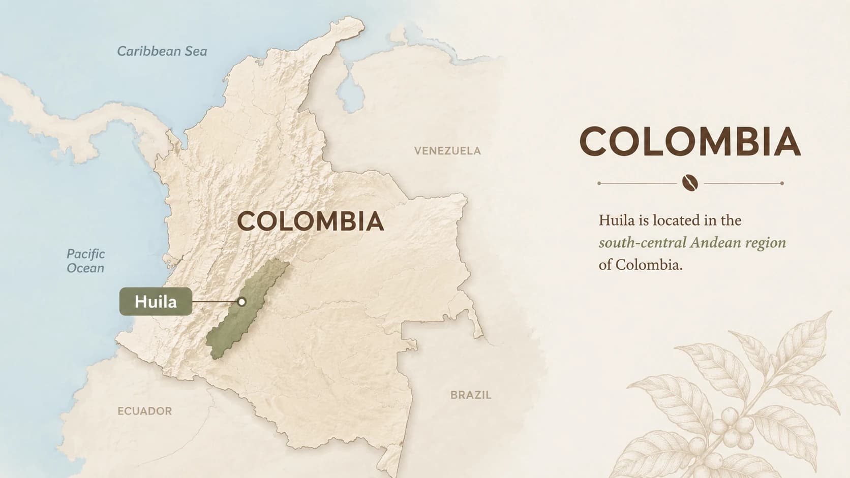 Huila coffee region map within Colombia