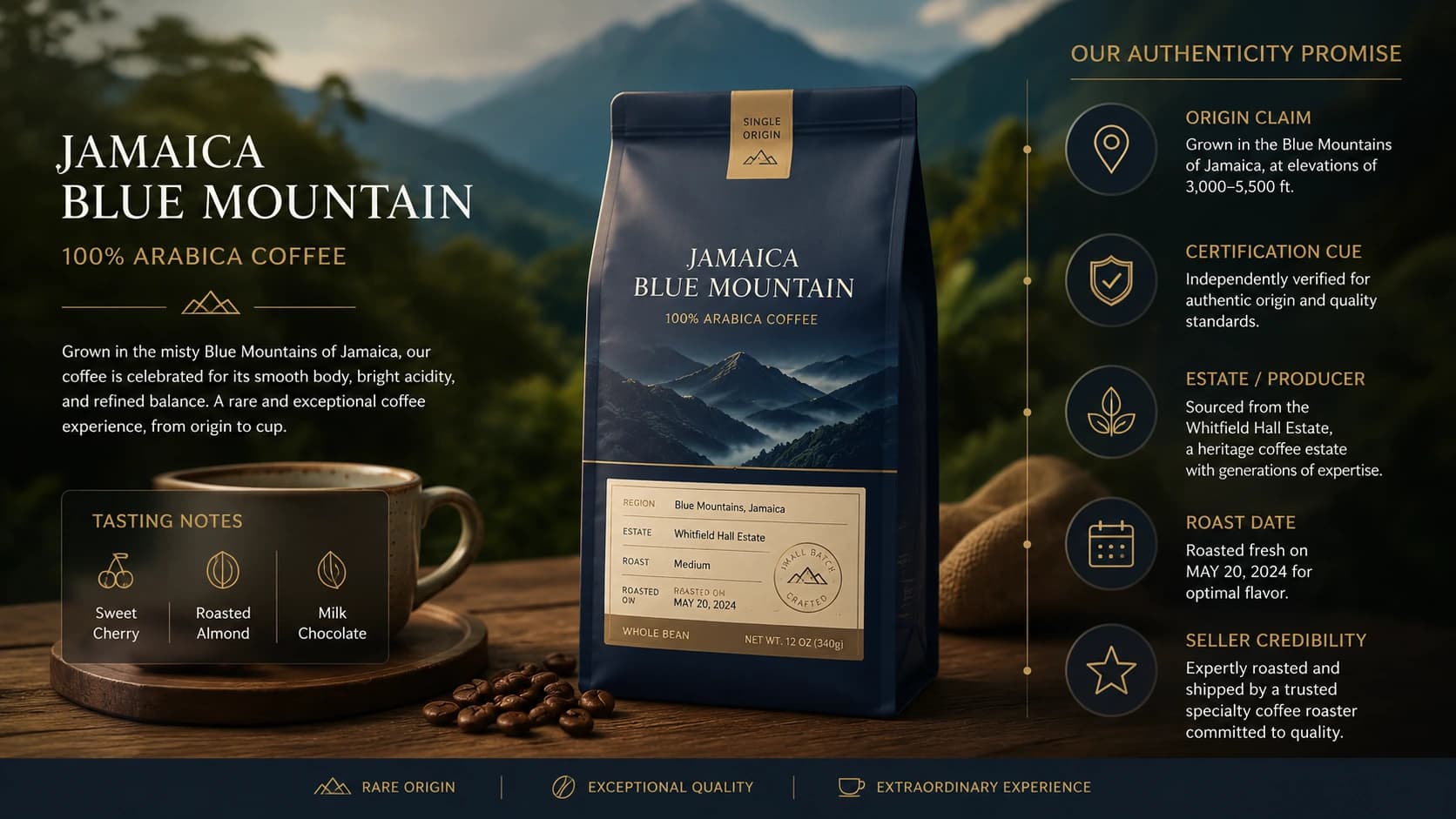 Jamaica Blue Mountain coffee authenticity checklist showing certification and buying checks