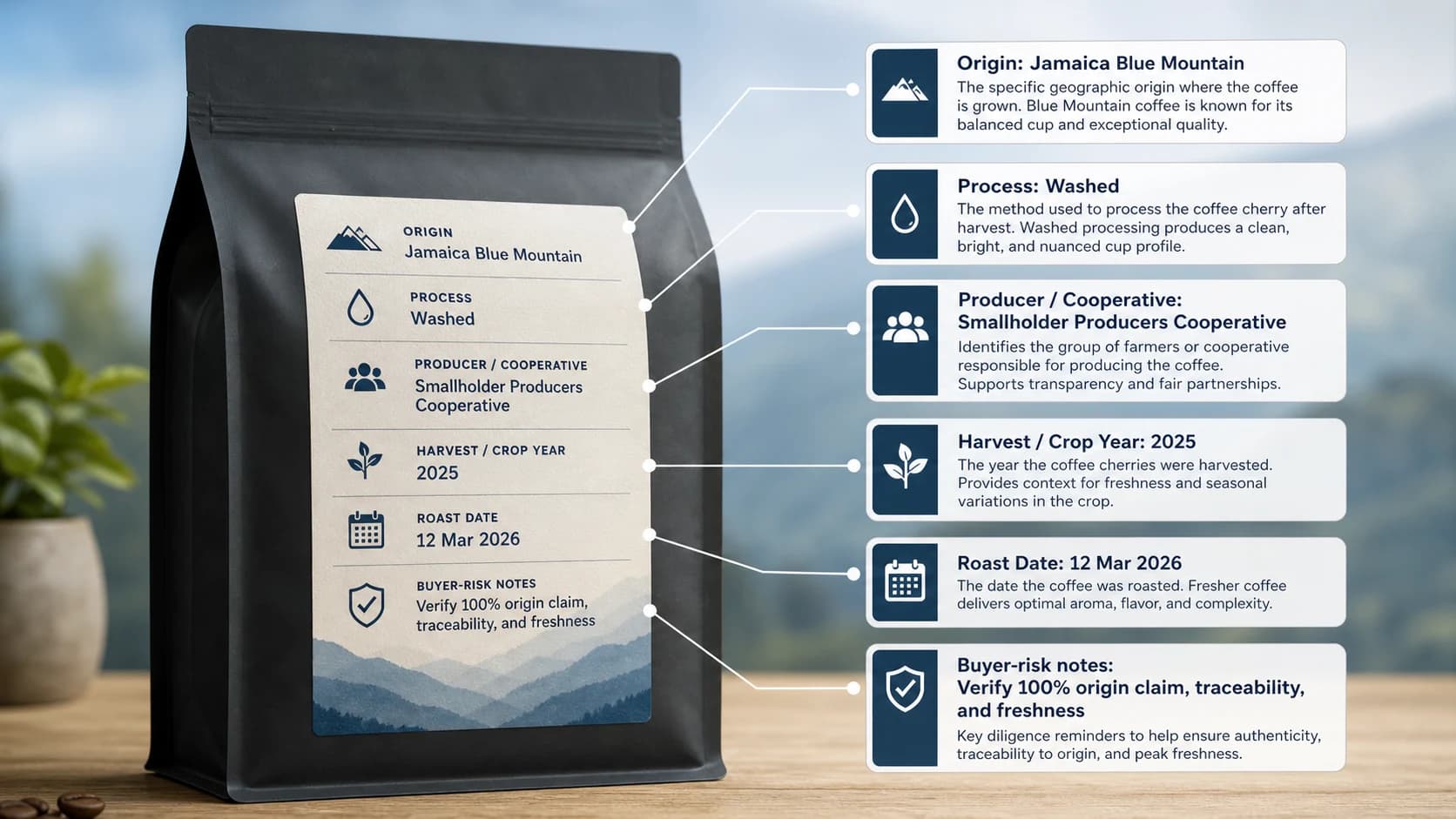 Guide to reading 100% and blend wording on Jamaica Blue Mountain coffee labels