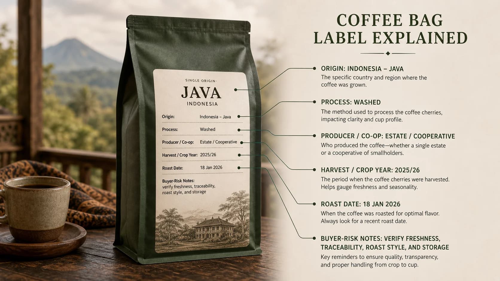Java coffee label checklist showing origin, process and freshness checks