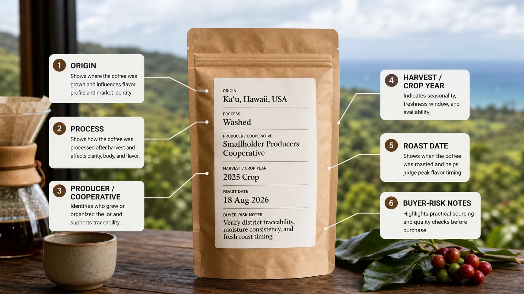 Ka'u coffee label checklist showing origin, process and freshness checks