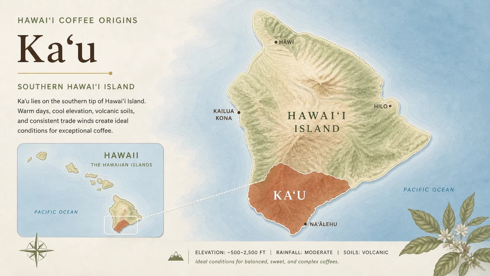 Ka'u coffee region map within Hawaii