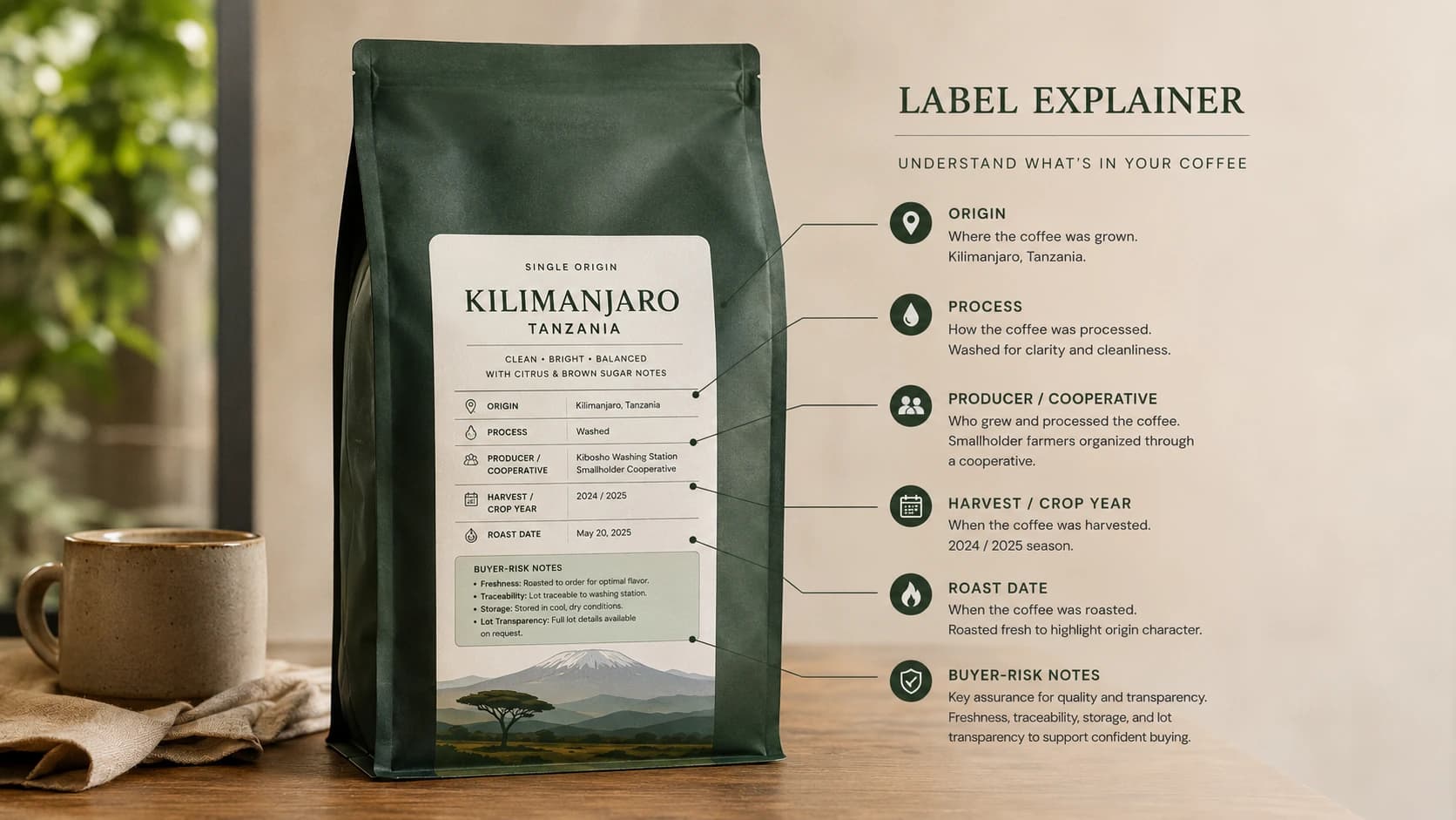 Kilimanjaro coffee label checklist showing origin, process and freshness checks
