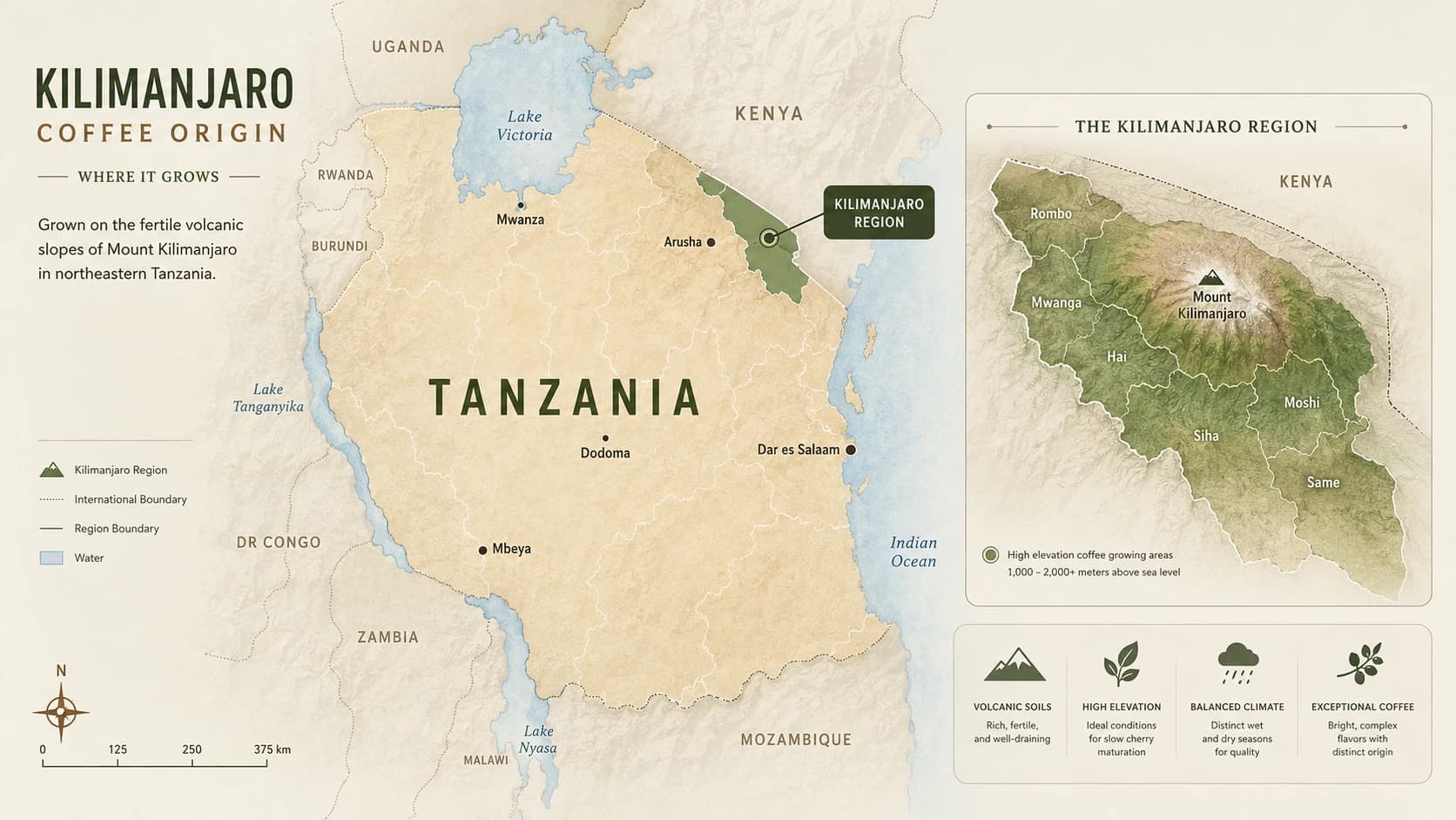 Kilimanjaro coffee region map within Tanzania
