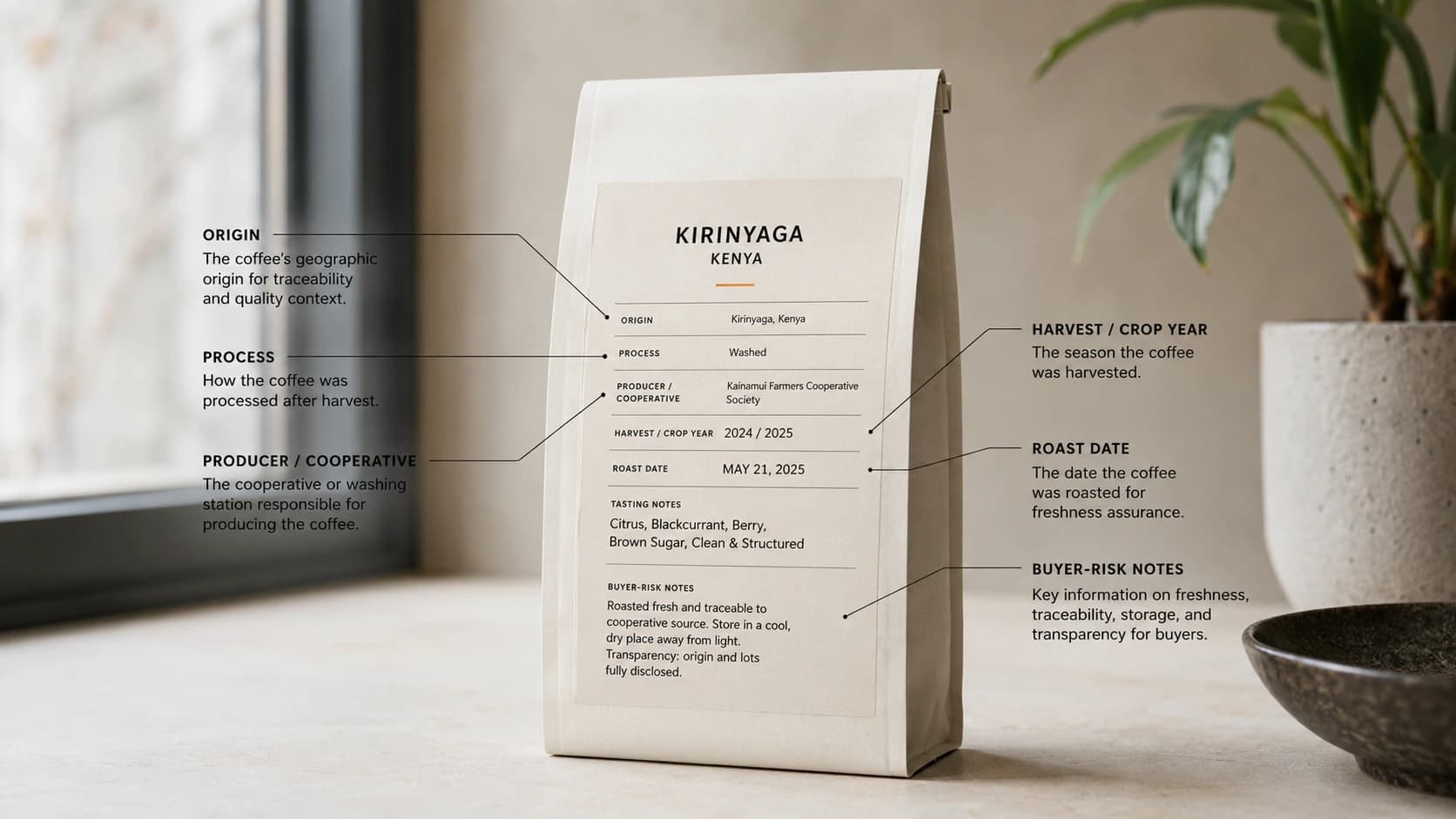 Kirinyaga coffee label checklist showing origin, process and freshness checks