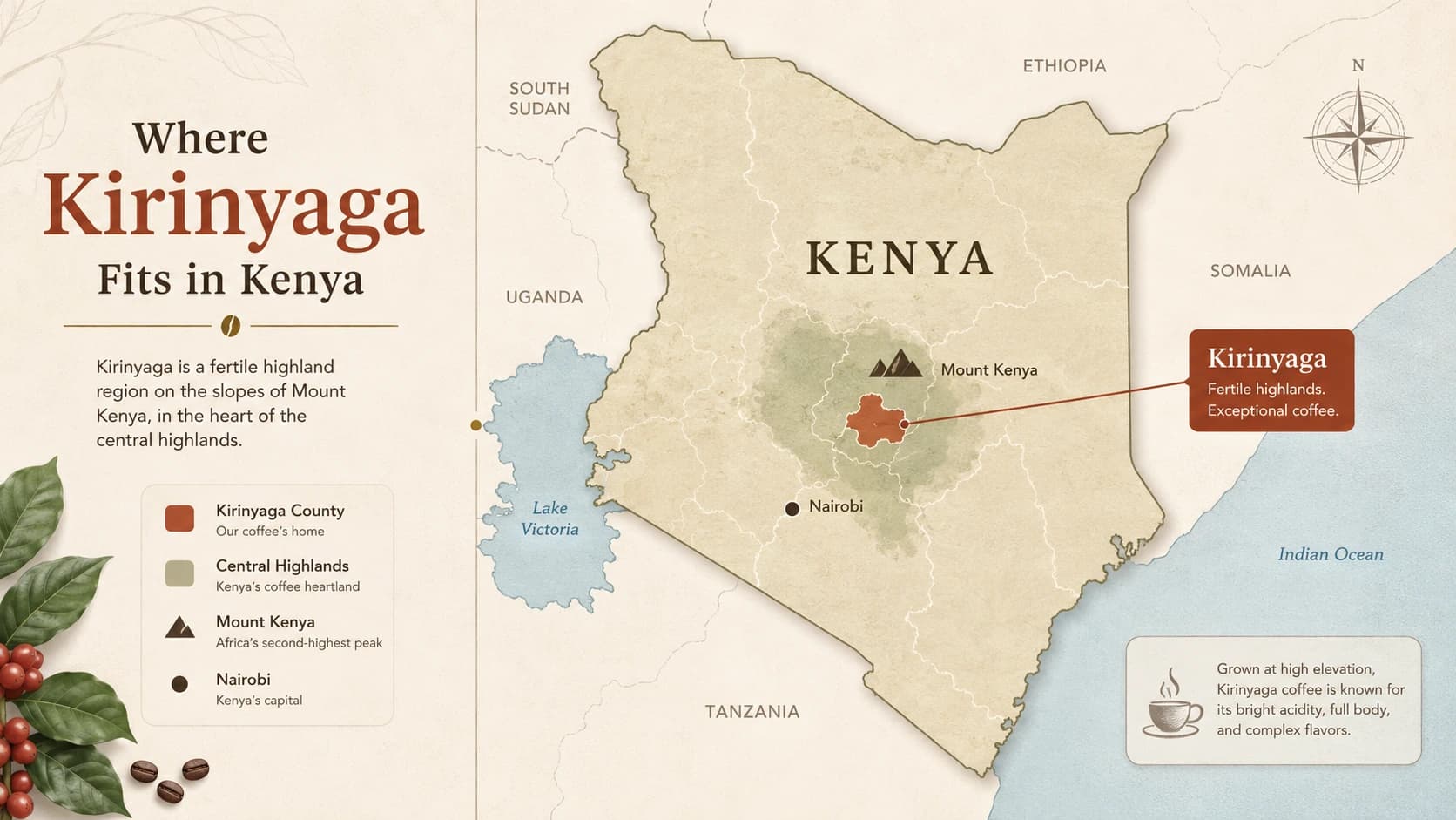 Kirinyaga coffee region map within Kenya