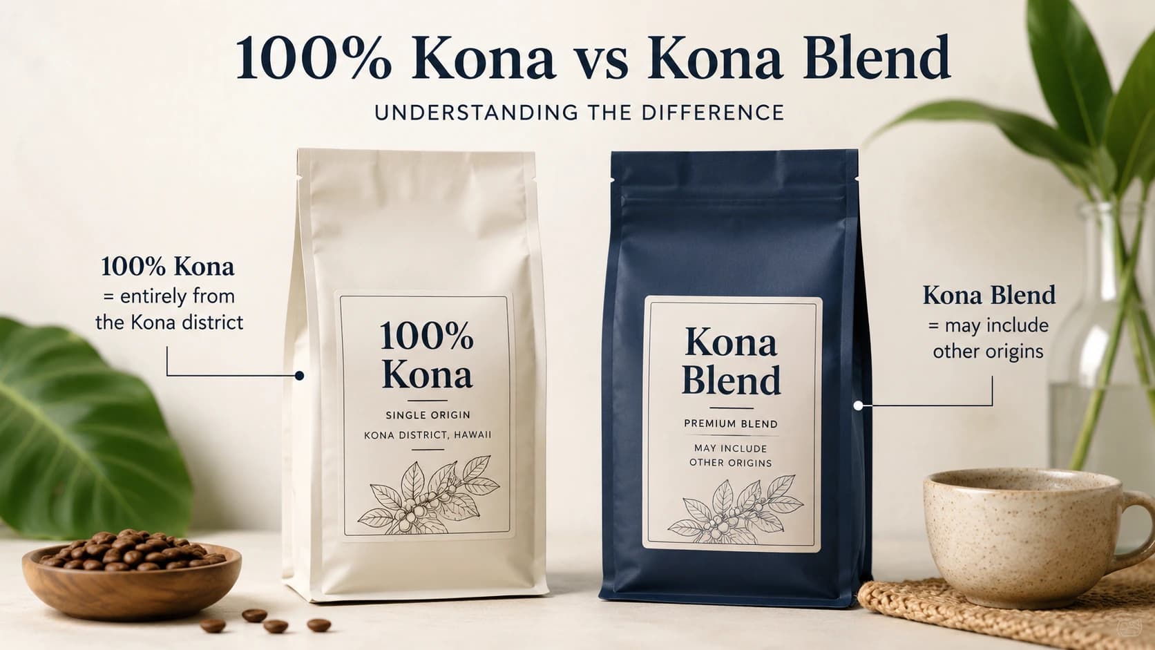 Kona coffee label comparison showing 100% Kona and Kona blend