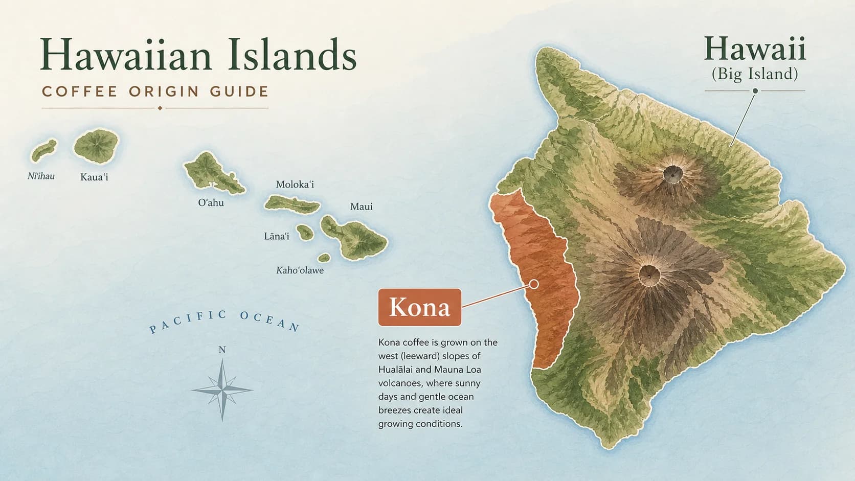Map showing the Kona coffee region on Hawai‘i Island