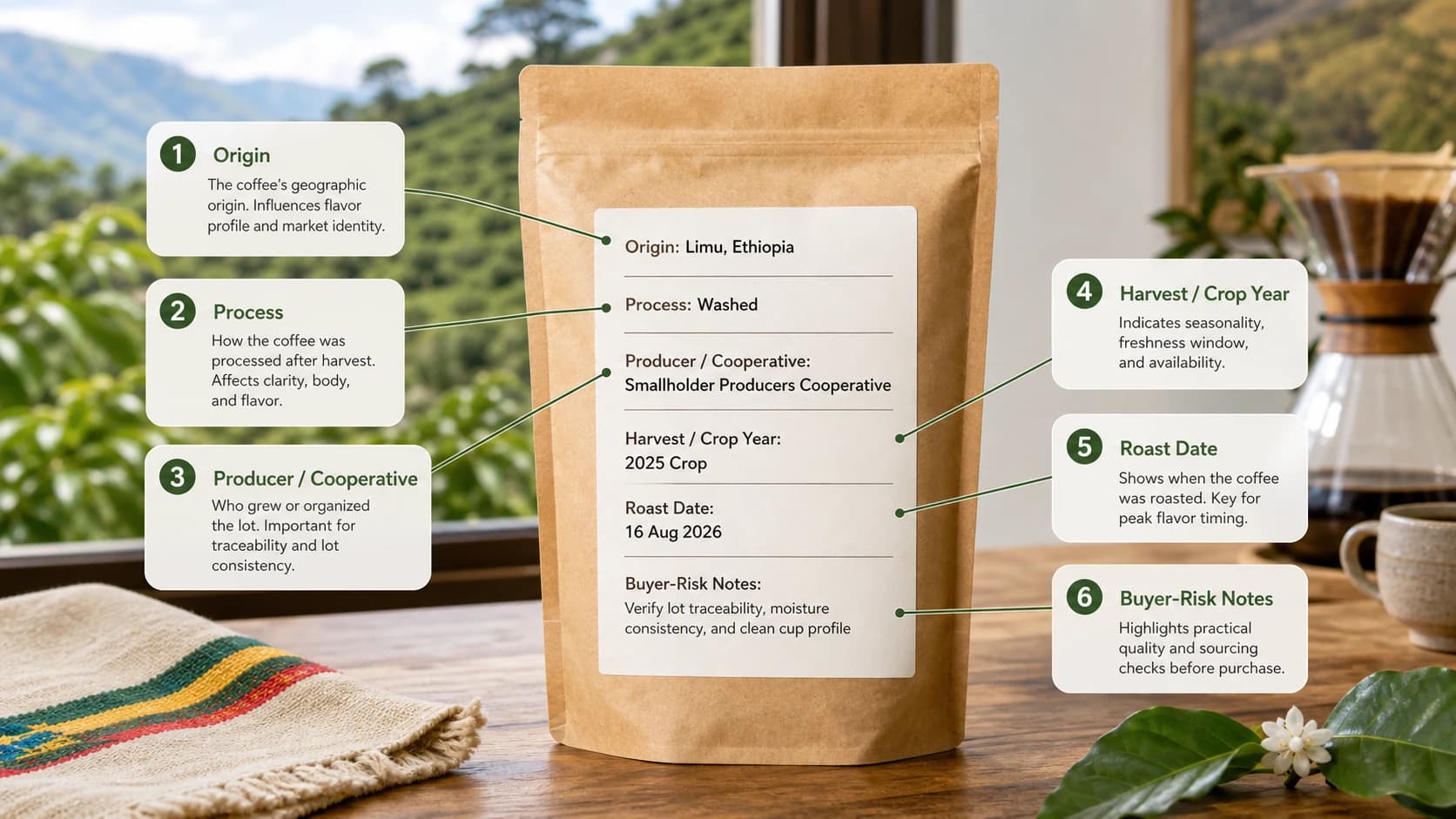 Limu coffee label checklist showing origin, process and freshness checks