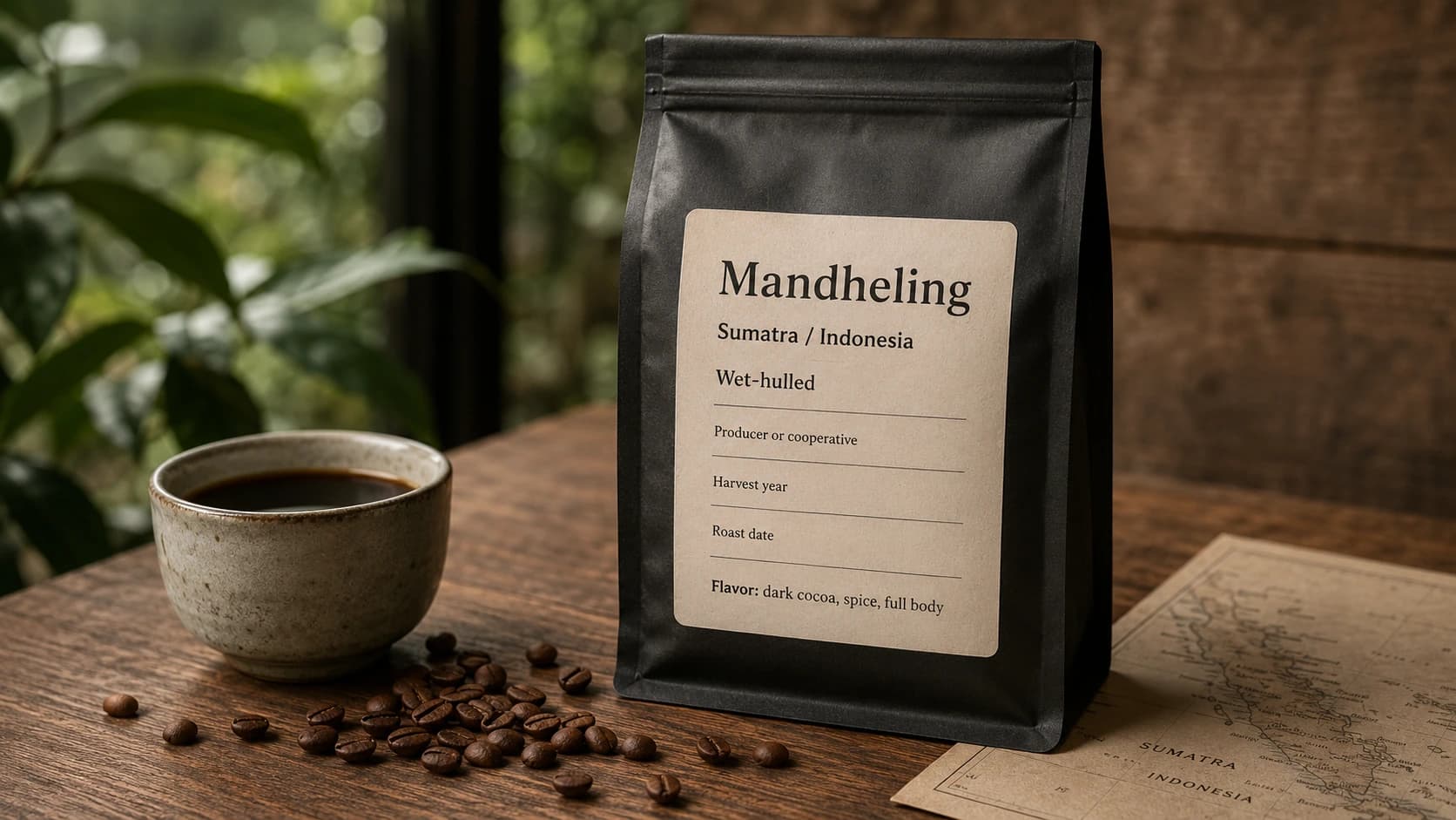 Mandheling coffee bag label showing Sumatra, wet-hulled process and buying checklist fields