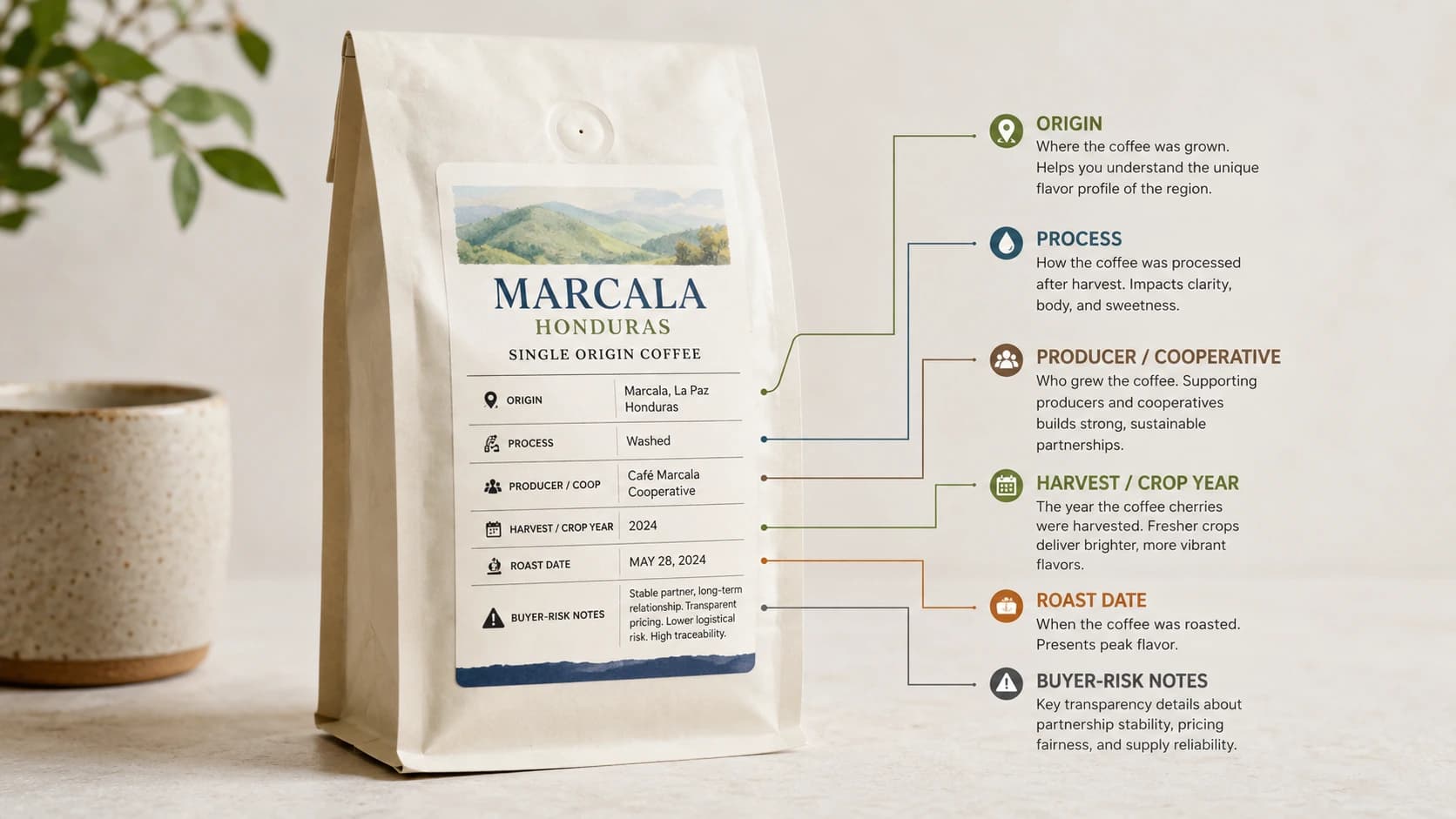 Marcala coffee label checklist showing origin, process and freshness checks