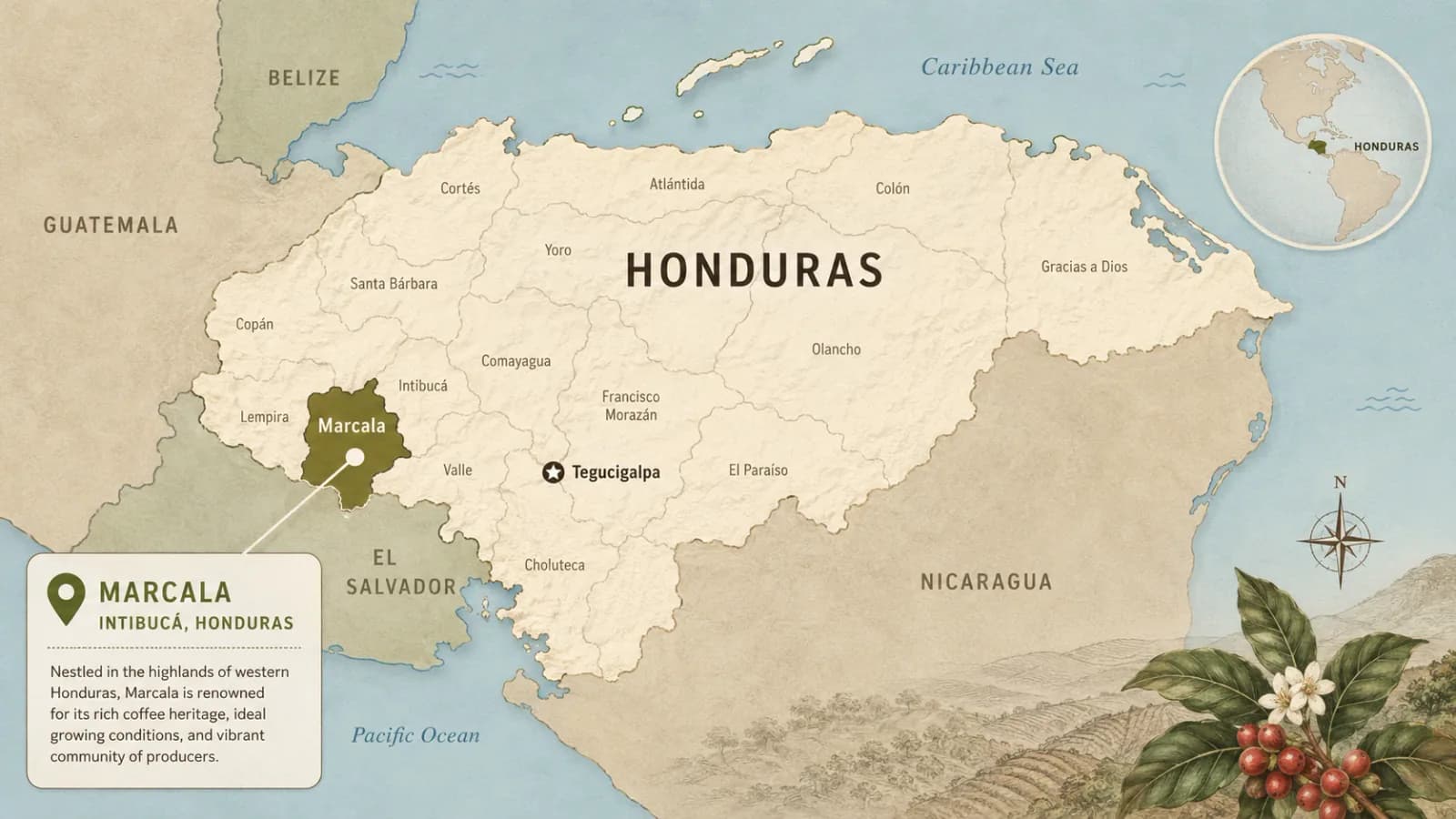 Marcala coffee region map within Honduras