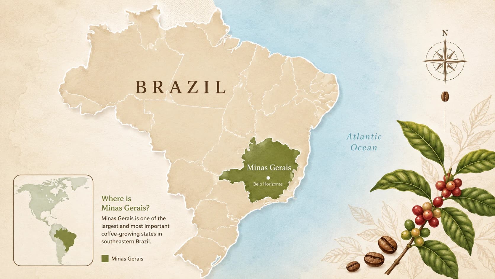 Locator map for Minas Gerais coffee within Brazil