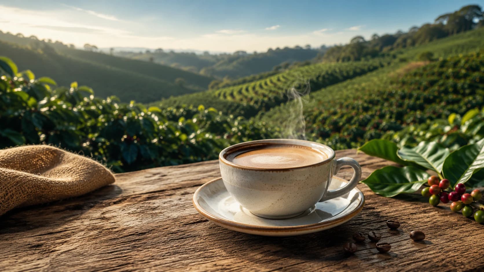 Coffee farms across rolling highlands representative of the broader Mogiana market region in southeastern Brazil