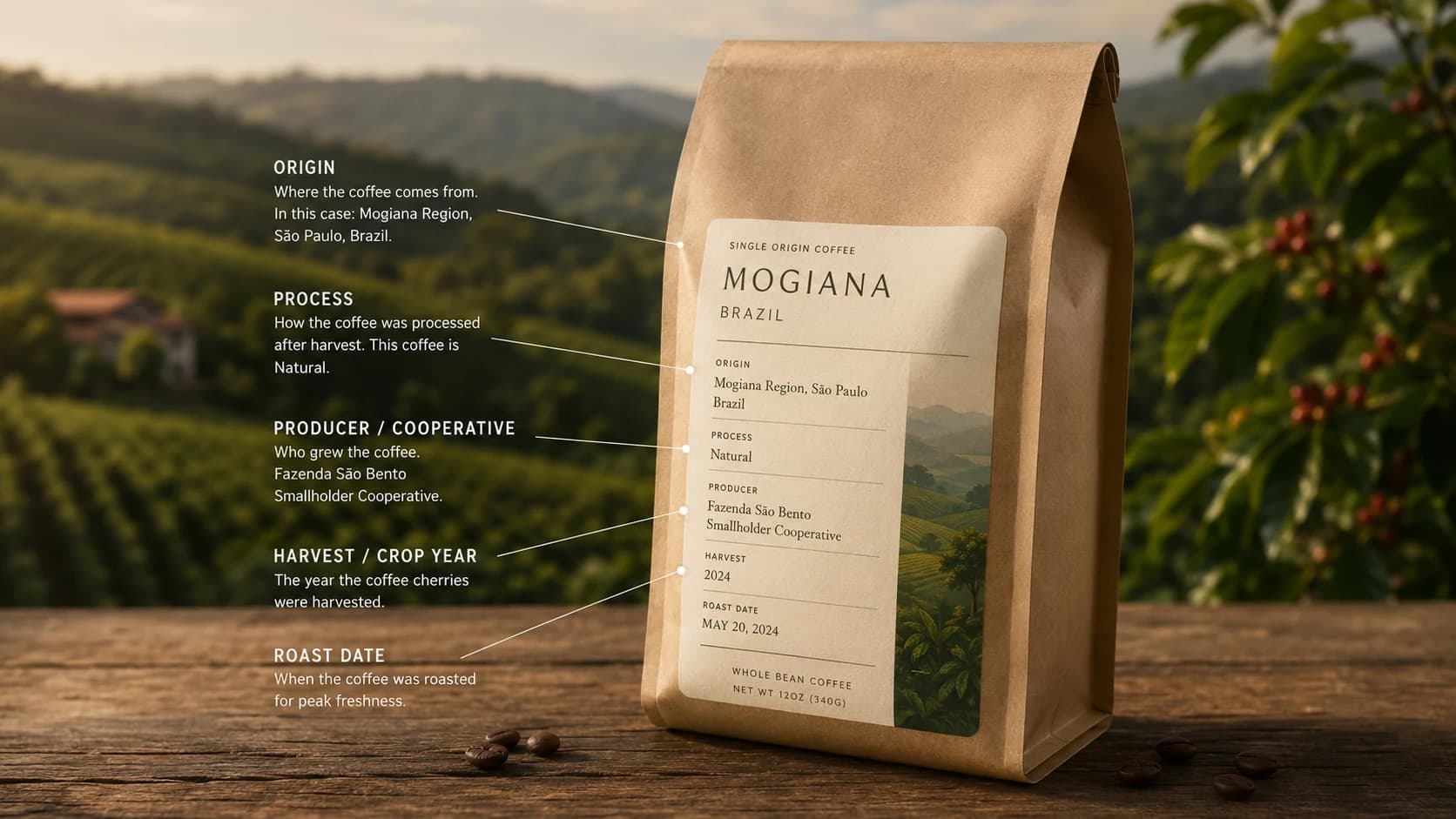 Mogiana coffee label checklist showing origin, process and freshness checks