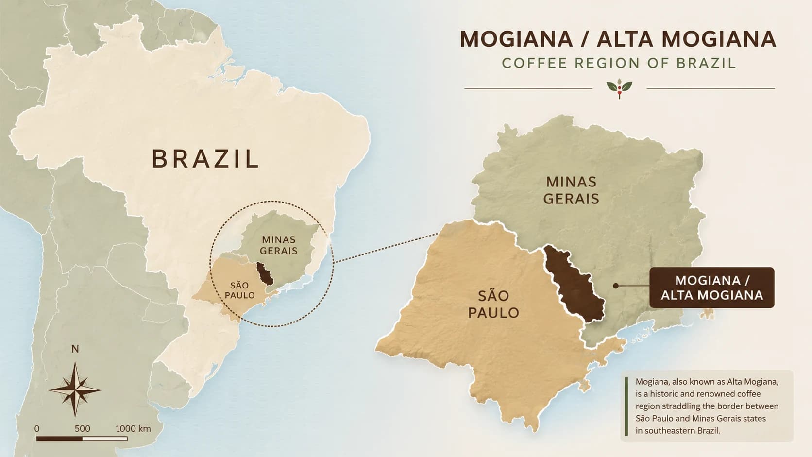 Mogiana coffee region map within Brazil