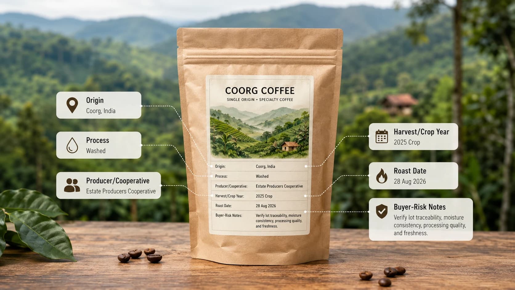 Monsooned Malabar coffee label checklist showing origin, process and freshness checks