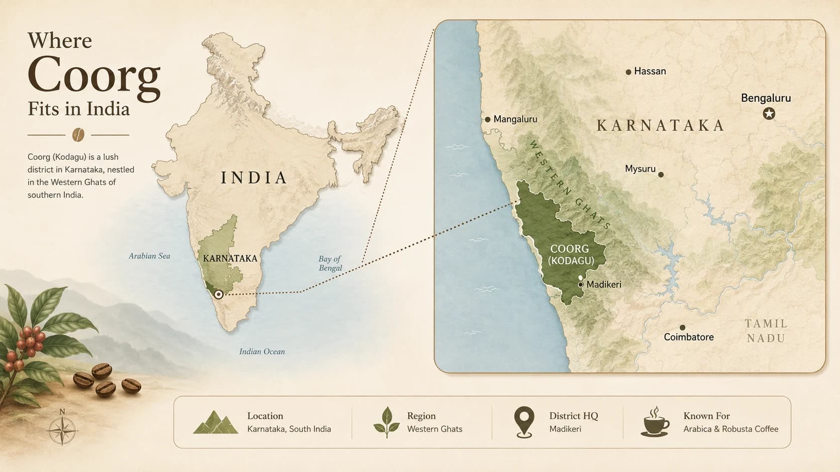 Monsooned Malabar coffee region map within India