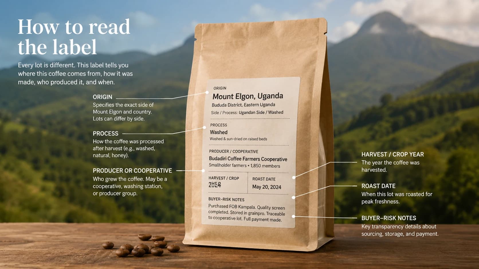 Mount Elgon coffee label checklist showing origin, process and freshness checks