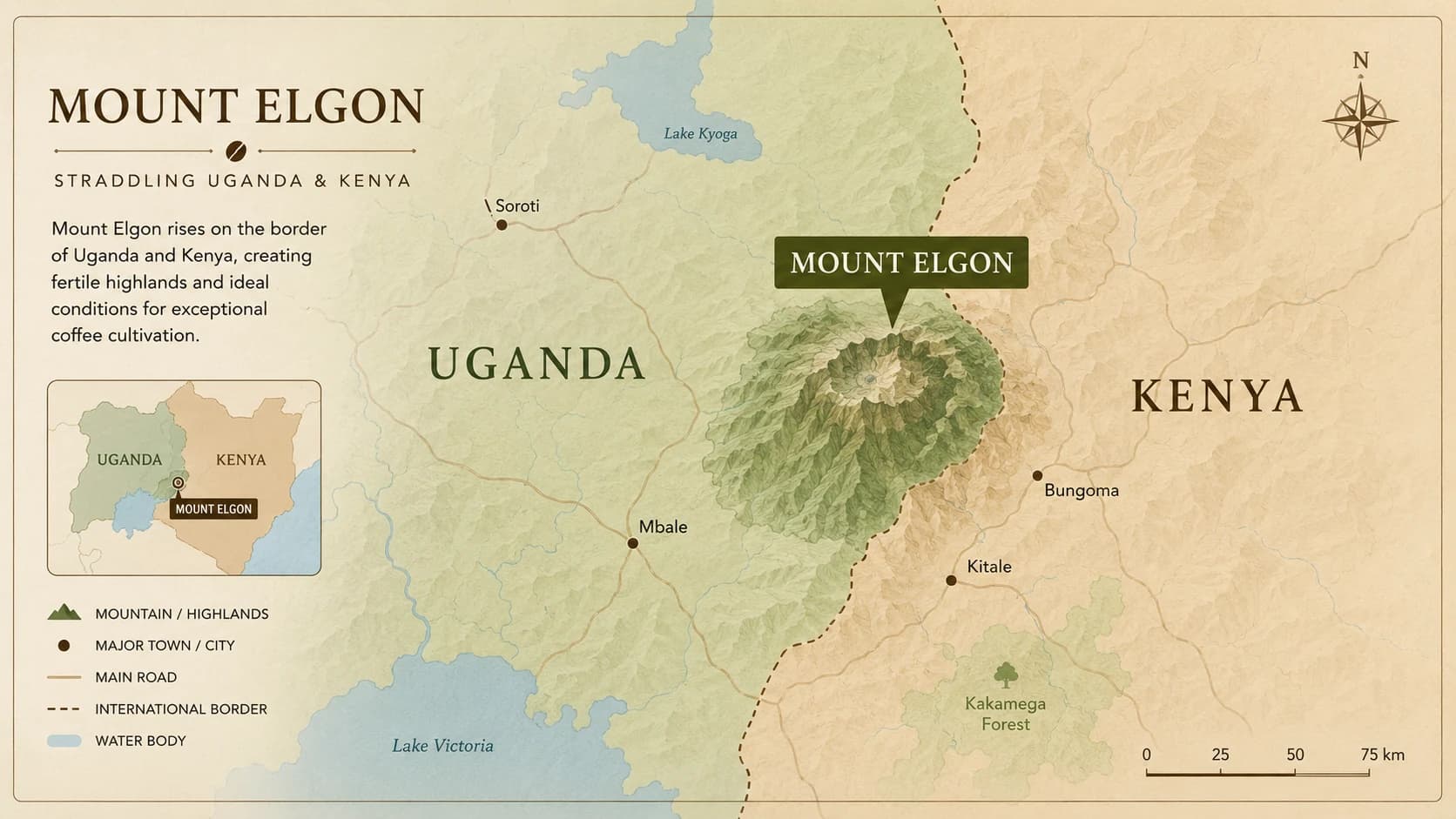 Mount Elgon coffee region map within Uganda / Kenya