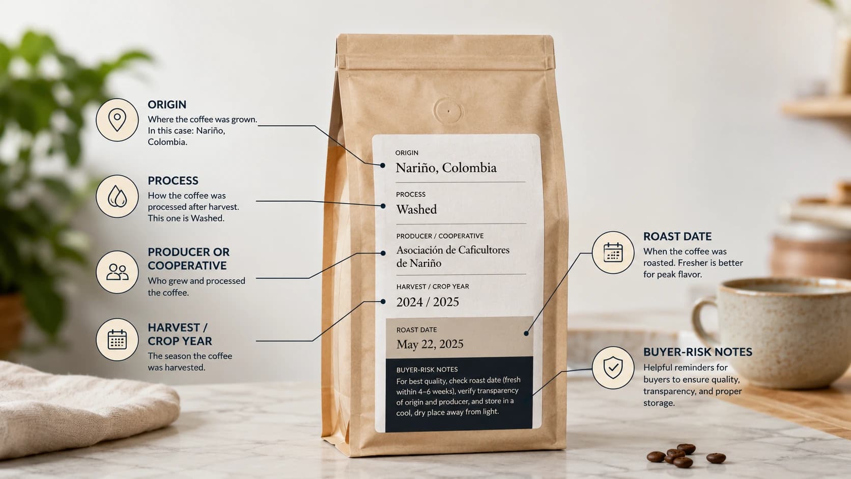 Coffee bag label checklist showing what to check before buying Nariño coffee