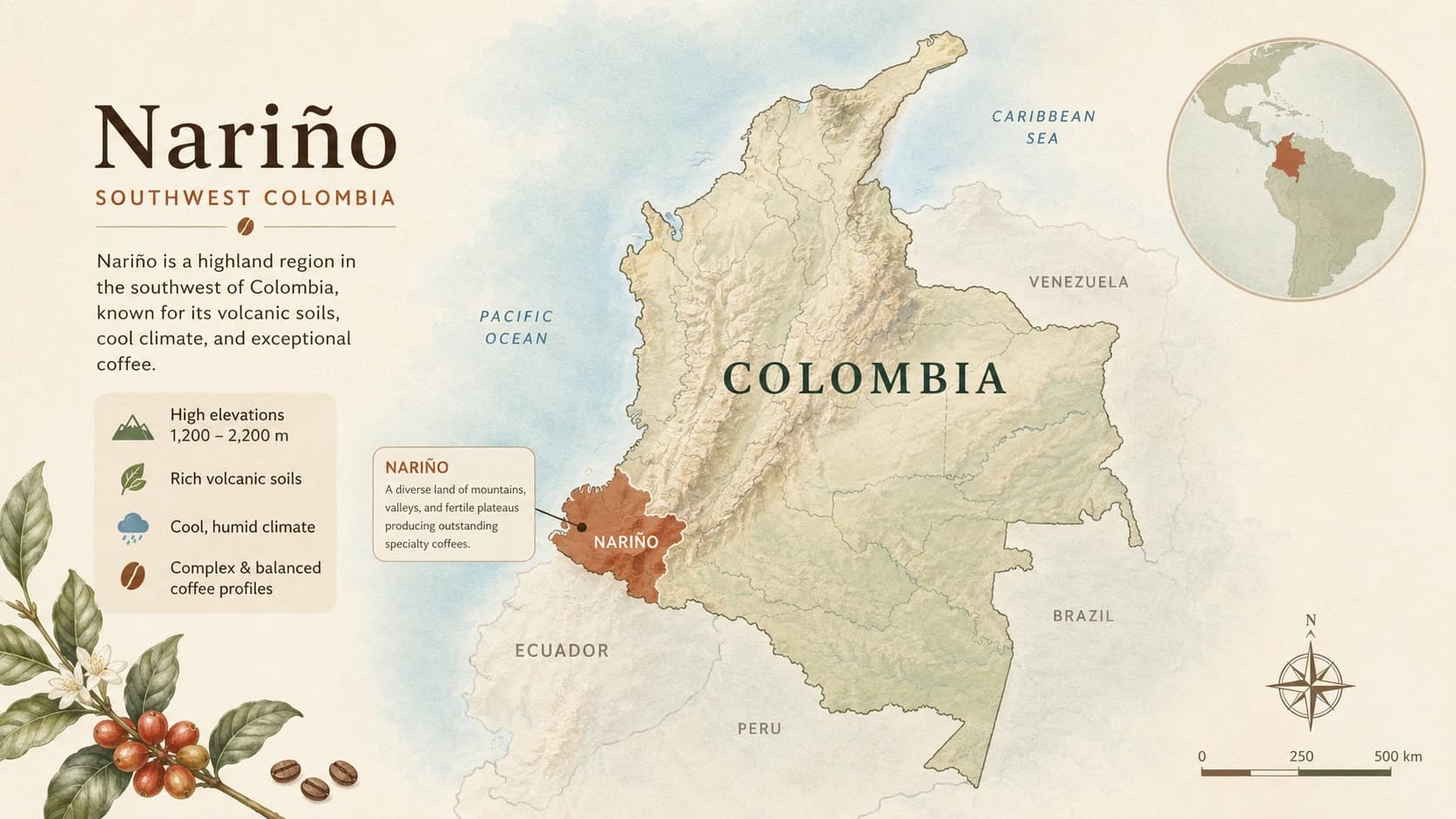 Locator map for Nariño coffee within Colombia